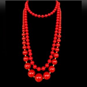 Womens Red & Gold Graduated beaded necklace statement set 46" & 31" two strands